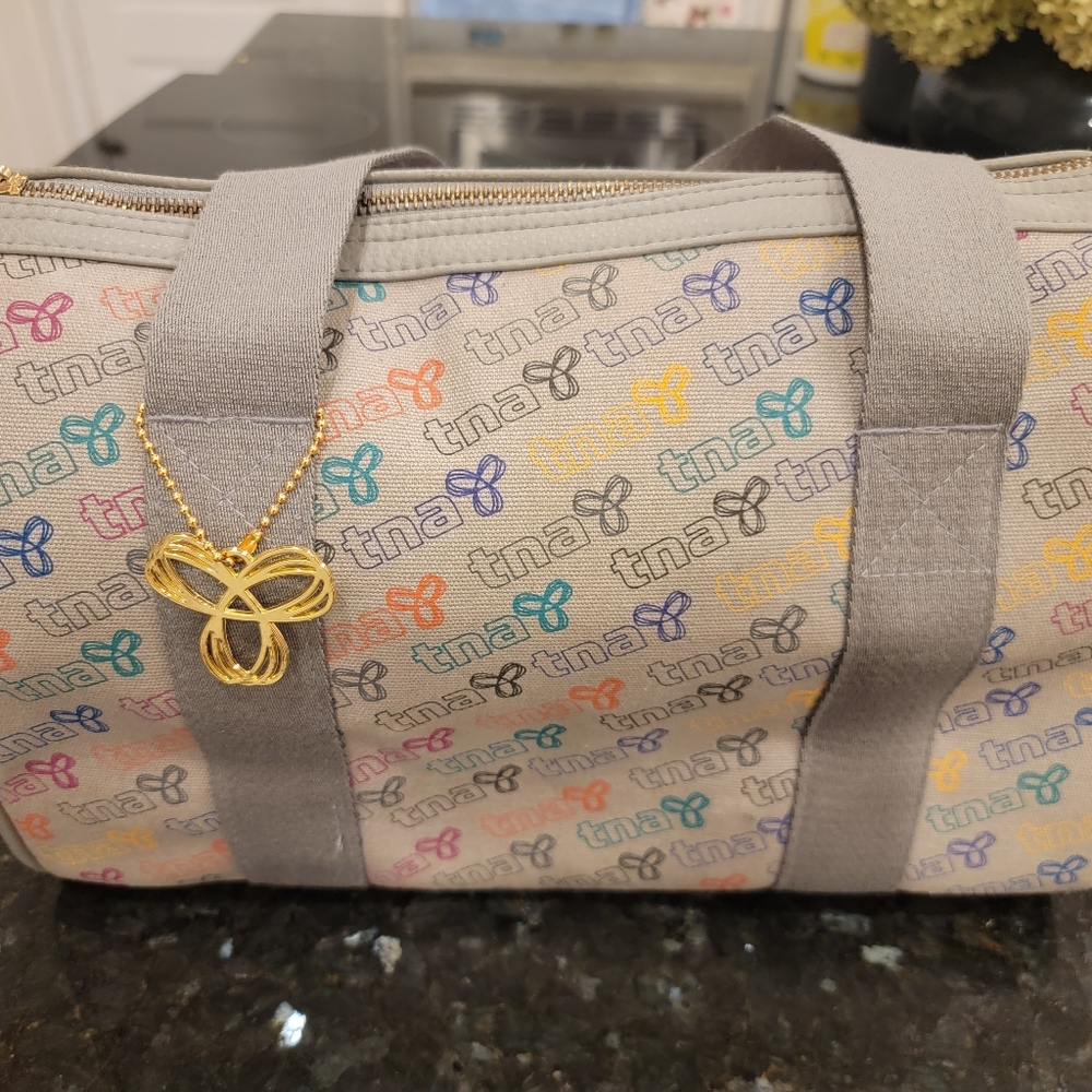 Aritzia TNA grey rainbow canvas mini duffle bag